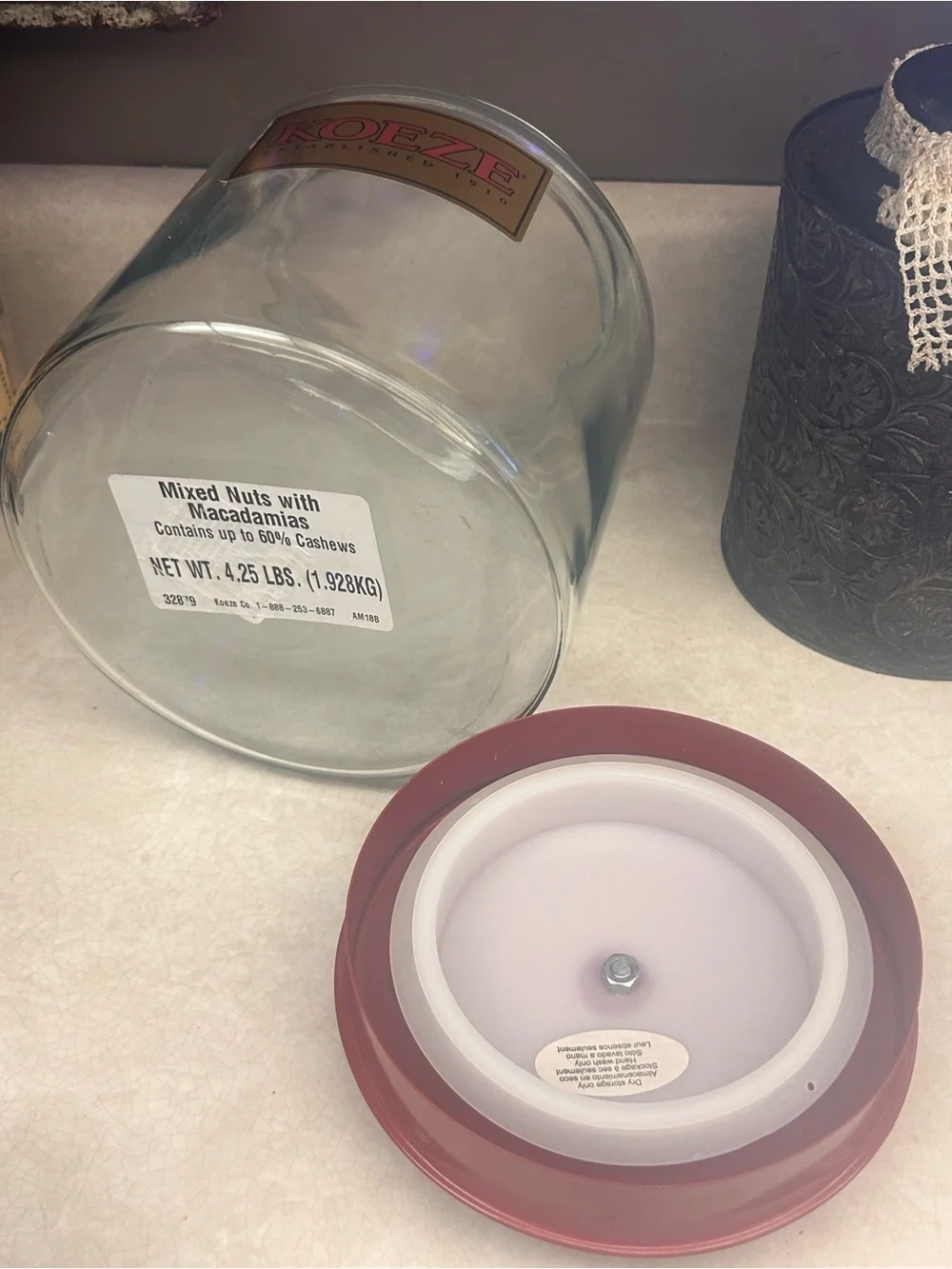 Vtg KOEZE’s Lidded Glass Cashew Nut Jar Counter Top Apothecary Store Display